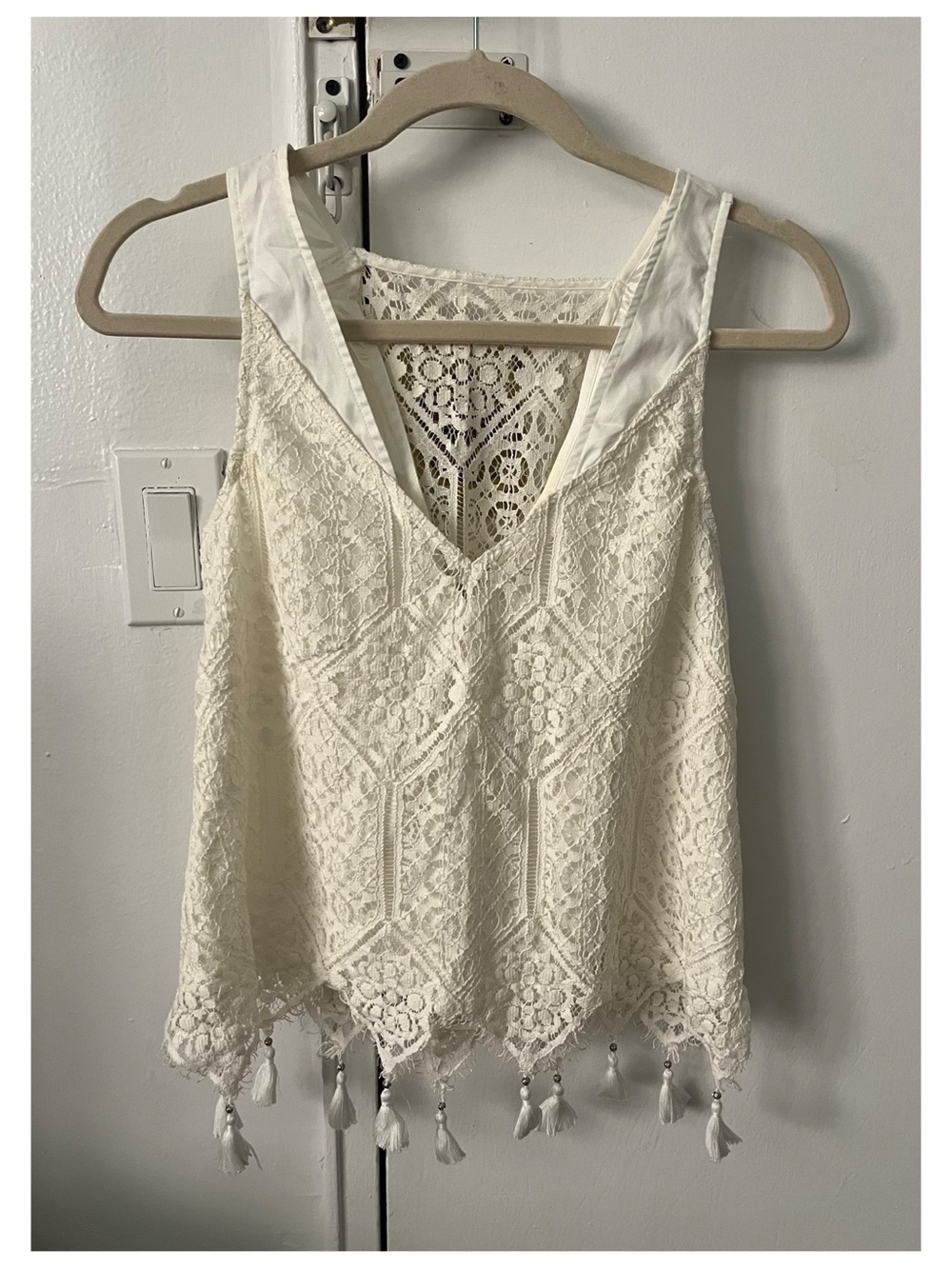 Ramy Brook New York white lace crop top with tassels size XS